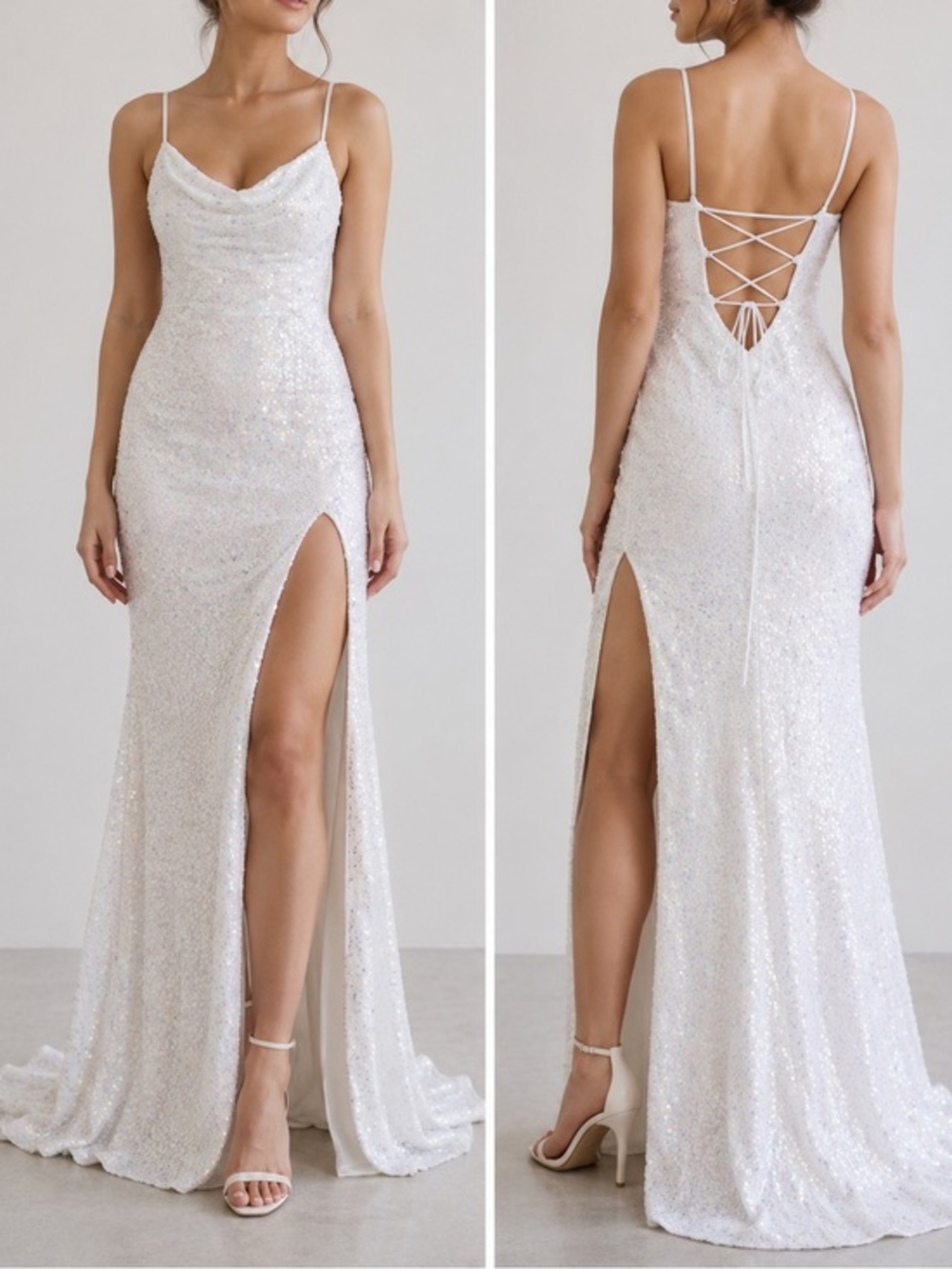 Sophia Thomas White Sequin Open Back Maxi Gown Cut Out Prom Dress